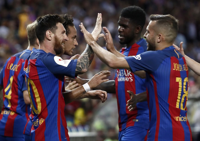 Barcelona celebrate Messi's goal