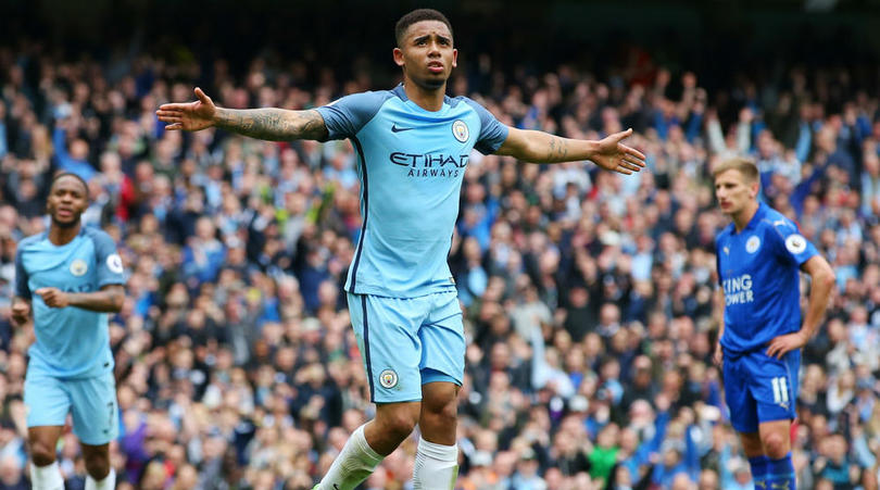 Gabriel Jesus celebrates his goal against Leicester City