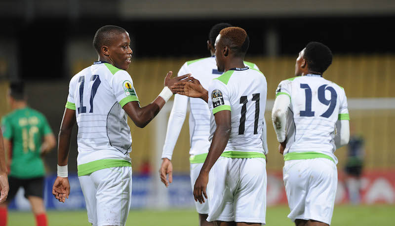 Katlego Khunou celebrates goal with teammates