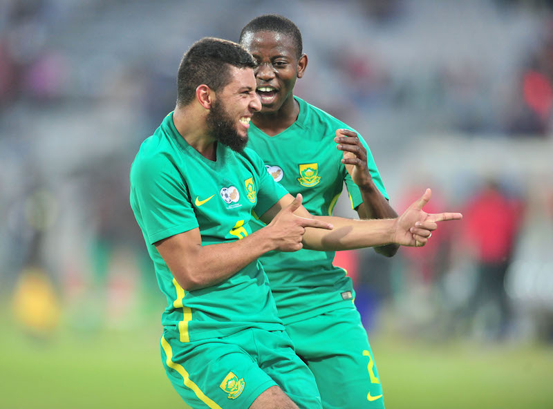 Riyaad Norodien celebrates his goal with Thabo Cele