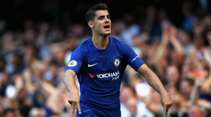 Alvaro Morata celebrates his goal against Everton