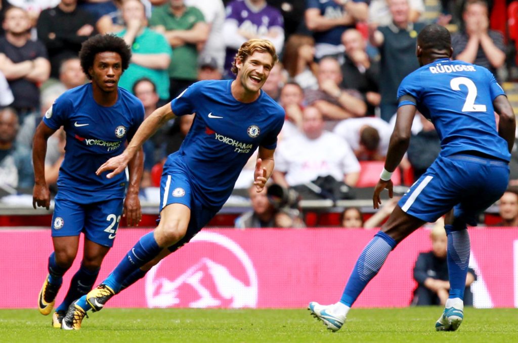 Marcos Alonso celebrates scoring against Spurs