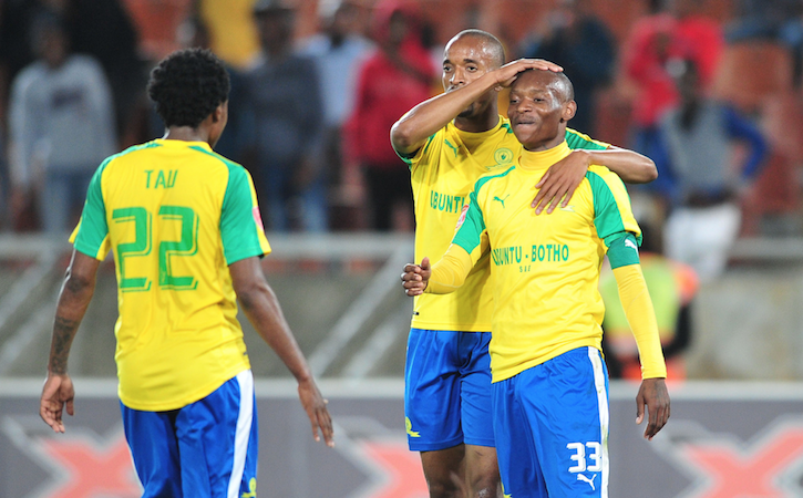 Khama Billiat celebrates with Sundowns teammates