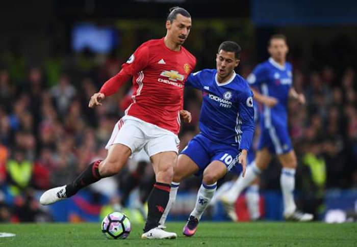 Zlatan Ibrahimovic battles with Eden Hazard in the Premier League