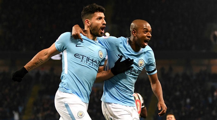 Sergio Aguero celebrates 11th Man City hat-trick