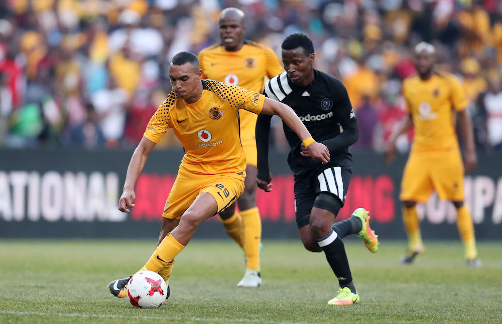 Ryan Moon of Kaizer Chiefs challenged by Thami Sangweni of Orladno Pirates in the 2017 Carling Black Label Cup.