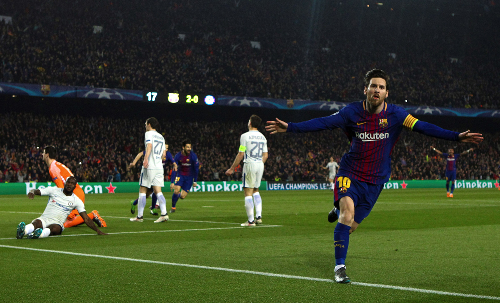 Lionel Messi celebrates his goal against Chelsea