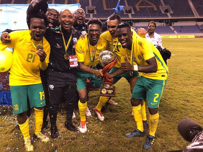 Bafana Bafana players with the Four Nations Tournament trophy.