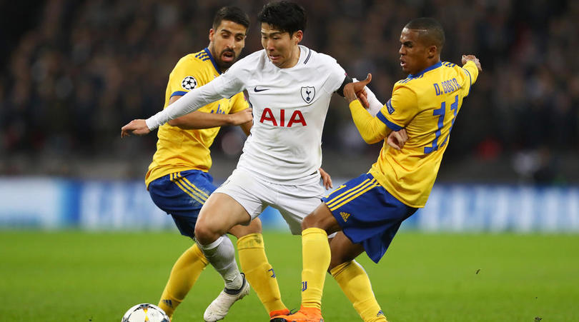 Son Heung-Min battles with Sami Khedira and Douglas Costa