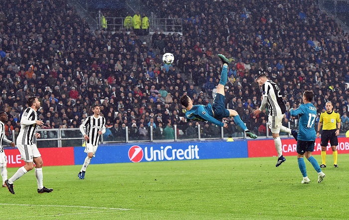 Real Madrid's Cristiano Ronaldo scoring an overhead kick against Juventus