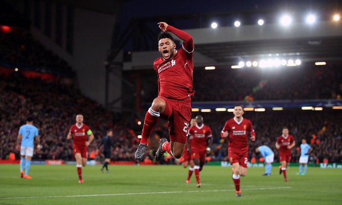 Liverpool's Alex Oxlade-Chamberlain celebrates scoring his side's second goal.