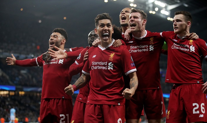 Liverpool's Roberto Firmino celebrates scoring his side's second goal.