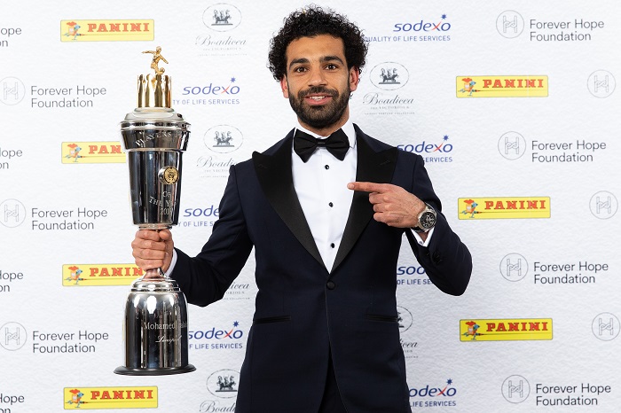 Liverpool's Mohamed Salah poses with the PFA Player Of The Year Award Trophy.