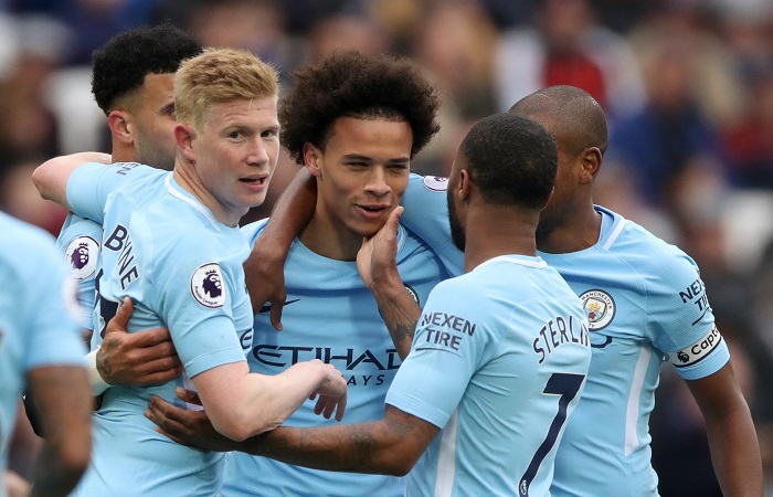 Manchester City celebrate their first goal of the game