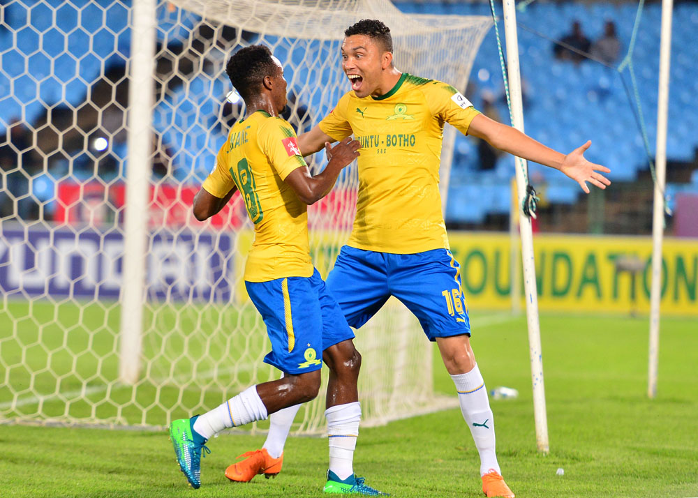 Ricardo Nascimento celebrates his goal with Themba Zwane