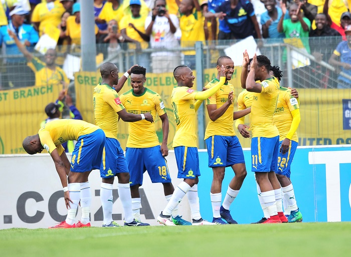 Mamelodi Sundowns celebrate their third goal in front of the fans.