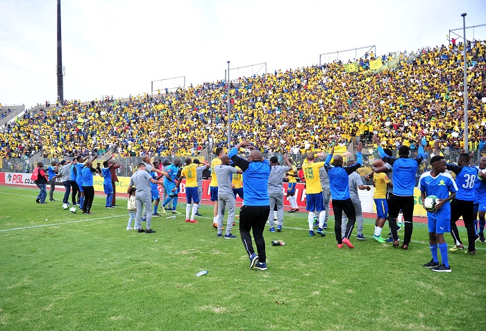 Mamelodi Sundowns players celebrate winning the league.