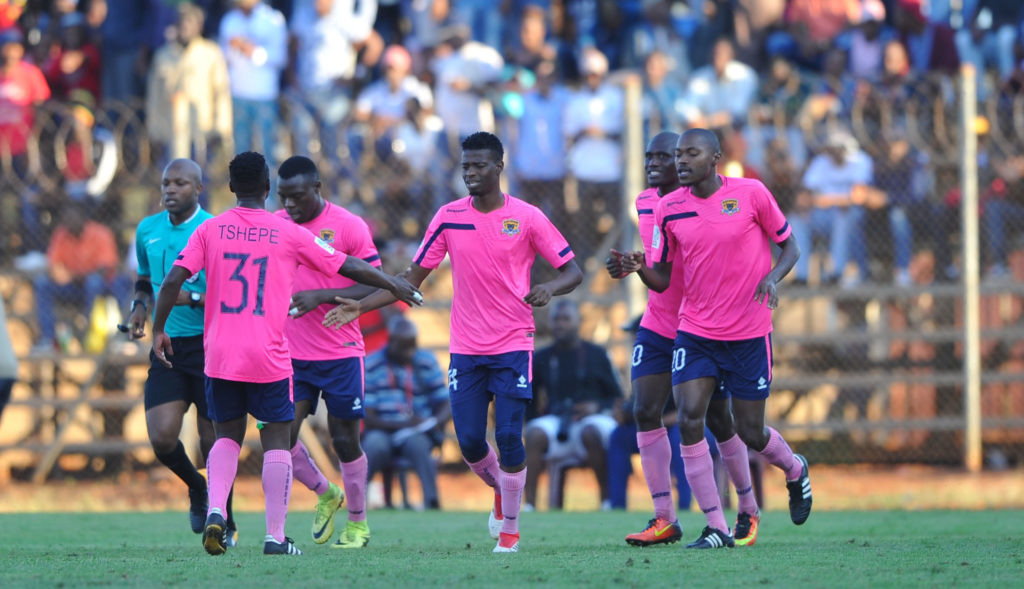 Phathutshedzo Nange celebrates his goal with teammates