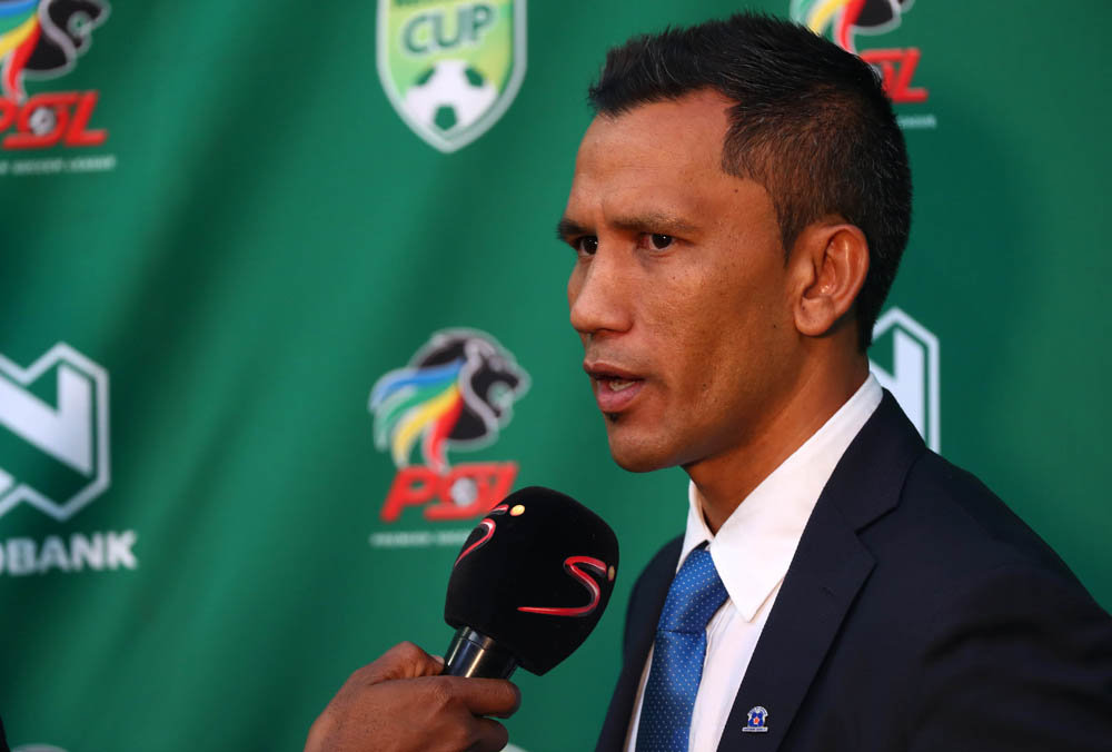 Maritzburg United coach Fadlu Davids addressing the media