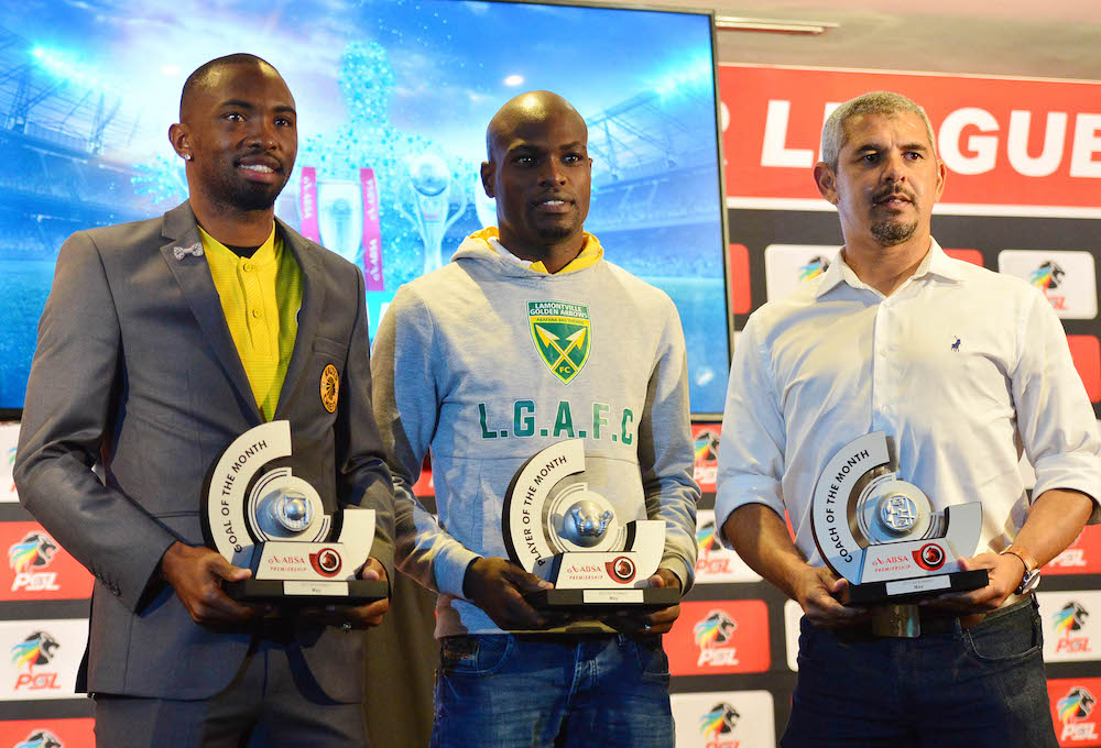 Bernard Parker, Lerato Lamola Clinton Larsen, coach of Golden Arrows with their awards.