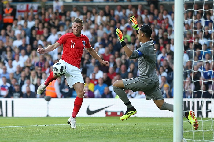 Keylor Navas of Costa Rica saves at close range to deny Jamie Vardy of England.