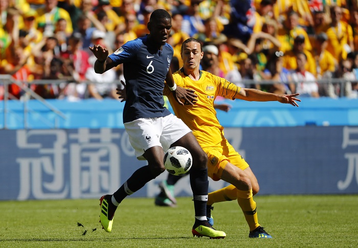 Paul Pogba of France and Jackson Irvine of Australia