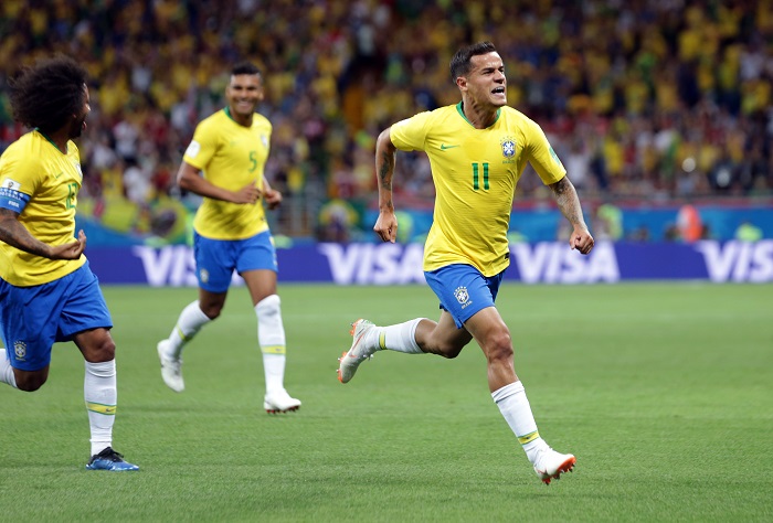 Coutinho of Brazil celebrates after scoring the opening goal against Switzerland.