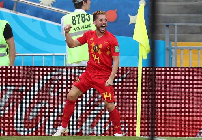 Dries Mertens of Belgium celebrates after scoring the opening goal against Panama.