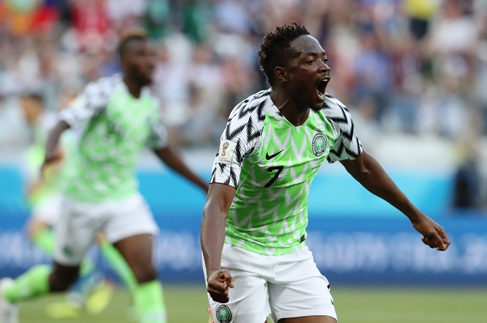 Ahmed Musa of Nigeria celebrates after scoring against Iceland.