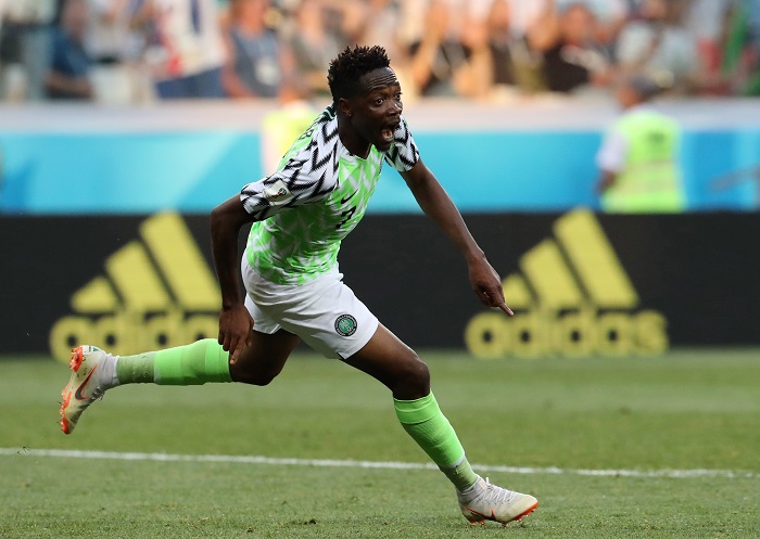 Ahmed Musa of Nigeria celebrates after scoring his second goal against Iceland.