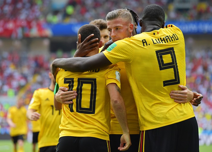 Belgium celebrate after scoring the fourth goal against Tunisia.