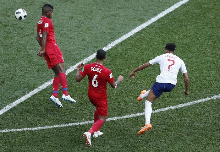 Jesse Lingard of England scoring the third goal against Panama.