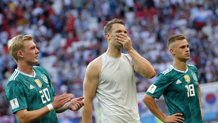 Goalkeeper Manuel Neuer of Germany reacts after his side's World Cup elimination.