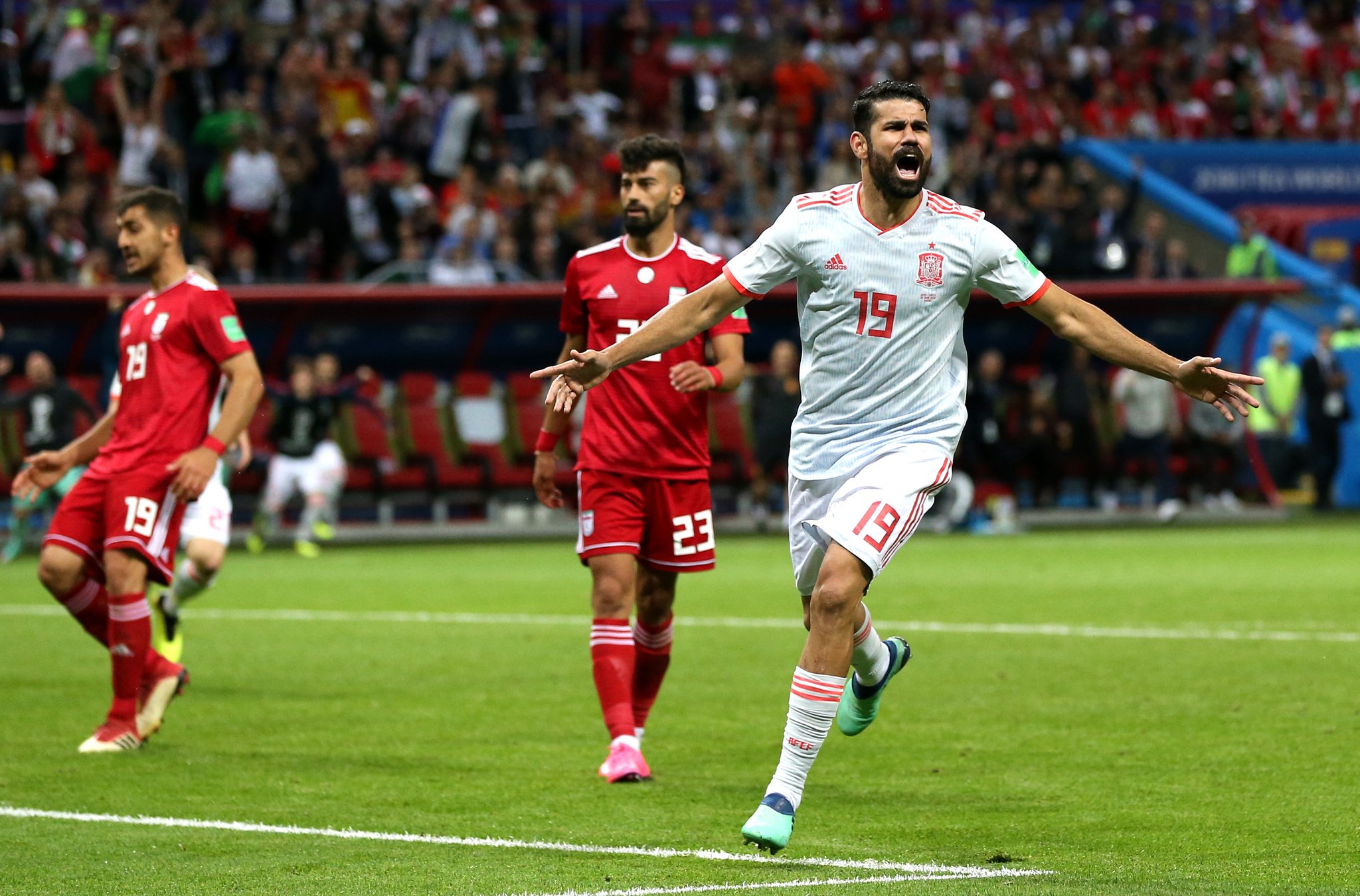 Diego Costa celebrating his goal against Iran