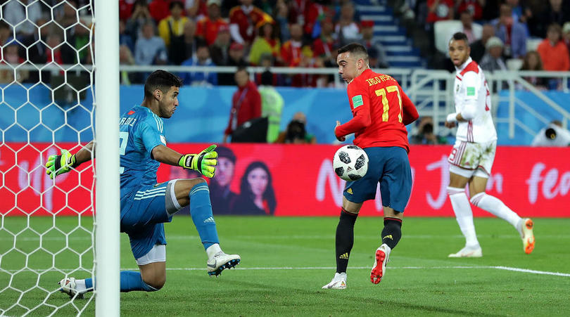 Iago Aspas of Spain scoring the equaliser against Morocco.