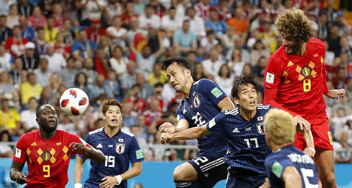 Marouane Fellaini of Belgium scoring against Japan.