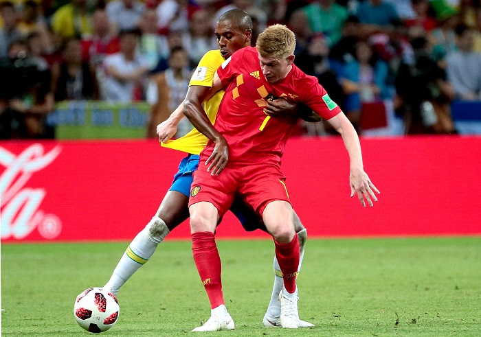 Kevin De Bruyne of Belgium and Fernandinho of Brazil battle for the ball.