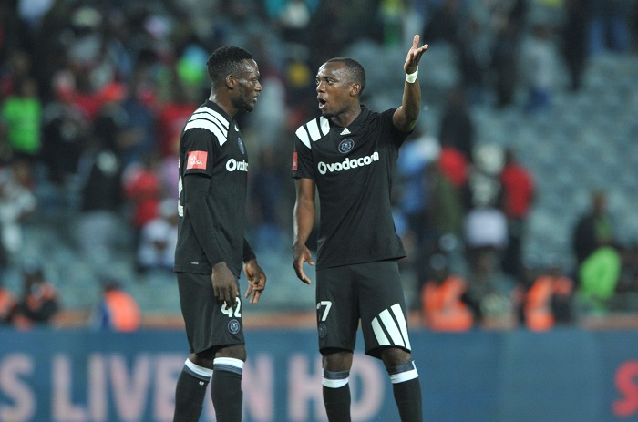 Augustine Mulenga of Orlando Pirates with teammate Justin Shonga.