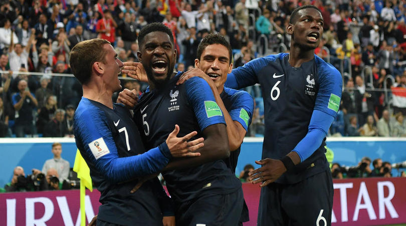 Paul Pogba and his France teammates celebrate against Belgium.