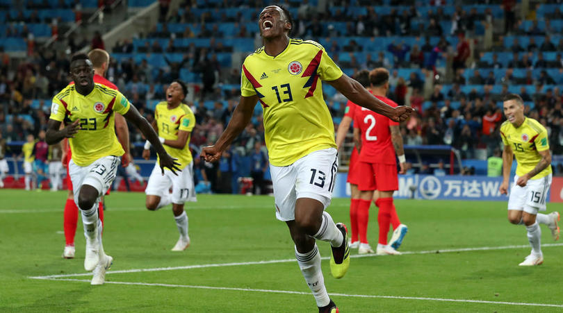 Yerry Mina celebrates his goal against England