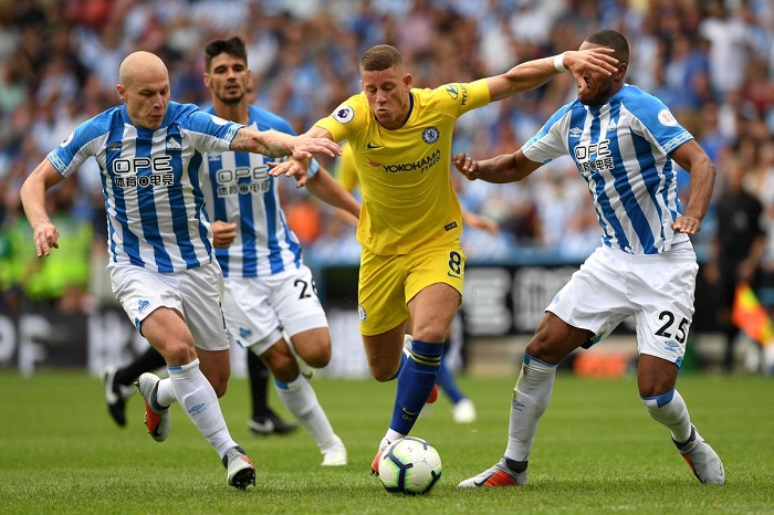 Ross Barkley of Chelsea battles for the ball.