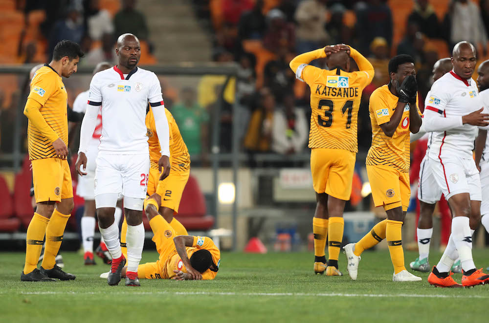 Siphelele Ntshangase and Willard Katsande react in anguish after witnessing horrific injury to Joseph Molangoane