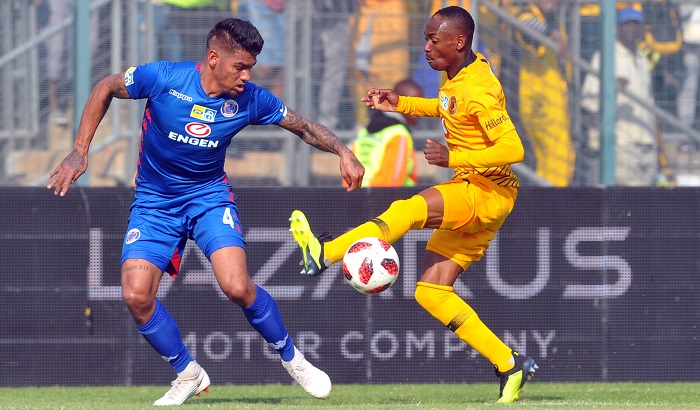 Clayton Daniels of Supersport United challenges Khama Billiat of Kaizer Chiefs