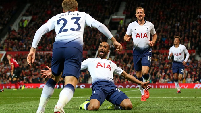 Lucas Moura celebrates his scoring against Manchester United in their Premier League clash at Old Trafford.