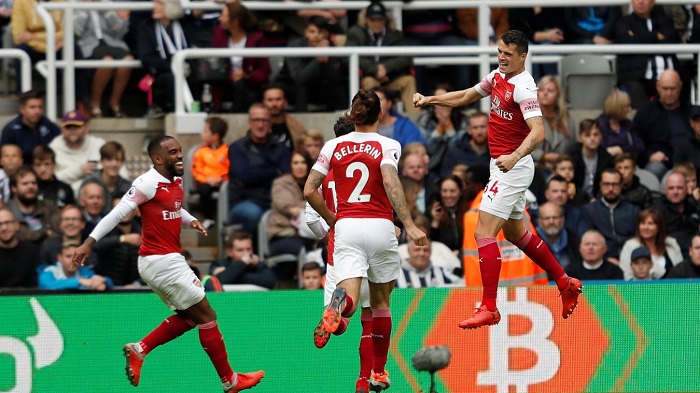 Granit Xhaka of Arsenal celebrates scoring his sides opener.