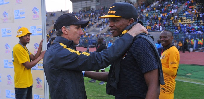 Giovanni Solinas and Lebogang Manyama of Kaizer Chiefs.