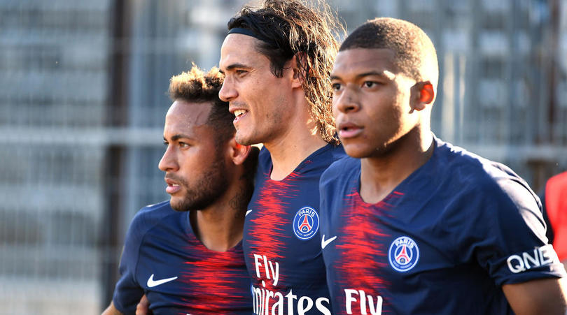 Paris Saint-Germain's Neymar, Kylian Mbappe and Edinson Cavani.