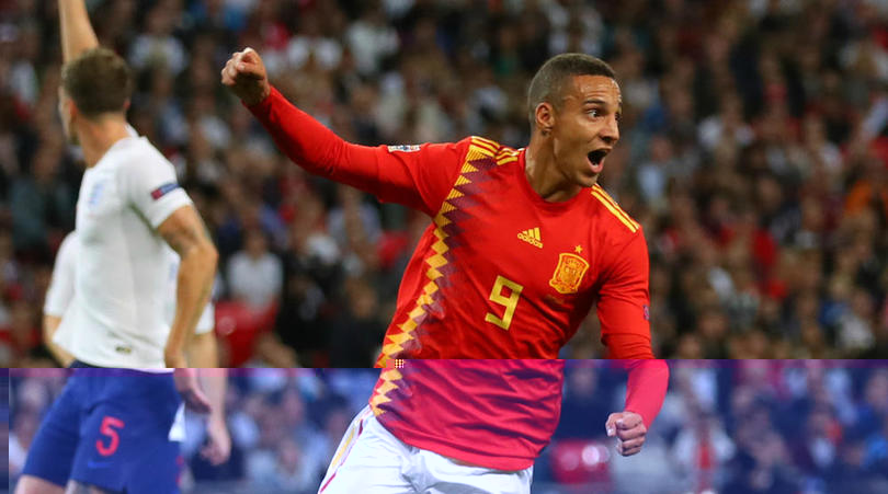 Rodrigo of Spain scoring his side's winner against England.