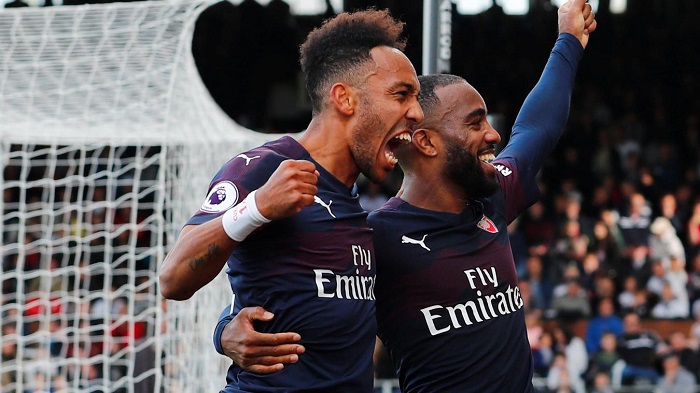 Alexandre Lacazette and Pierre-Emerick Aubameyang of Arsenal