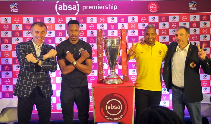 Milutin Sredojevic, head coach and Happy Jele of Orlando Pirates, Itumeleng Khune of Kaizer Chiefs and coach Giovanni Solinas